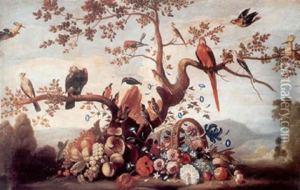 An Extensive Landscape With An Exotic Cornucopia Of Birds, Fruit And Flowers Oil Painting - Mario Nuzzi
