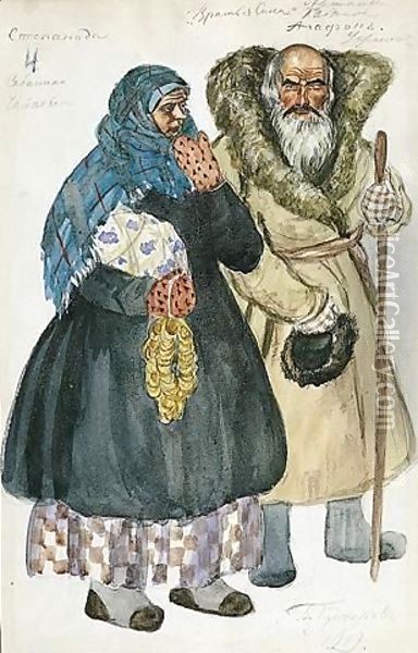 Costume Design For An Old Peasant Couple Agafon And Stepanida Oil Painting - Boris Kustodiev