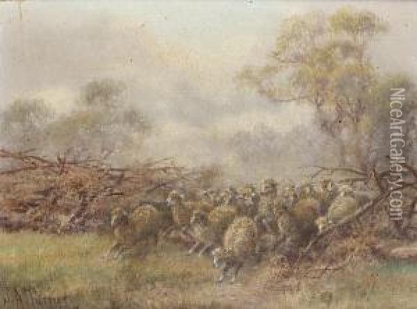 A Flock Crossing A Ford; The Broken Fence, A Pair Oil Painting - James Alfred Turner