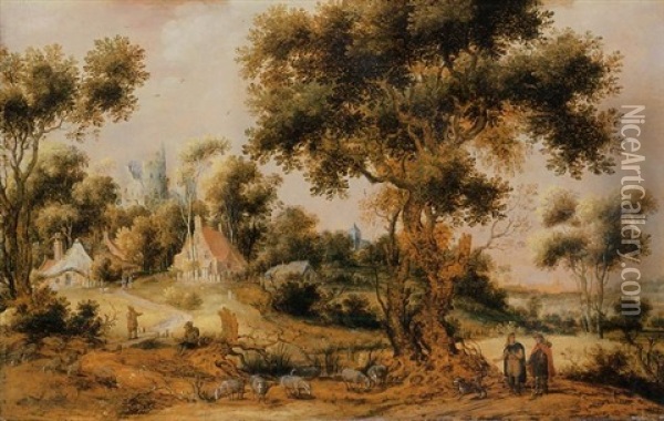 A Wooded Landscape With Travellers On A Path Approaching A Village Oil Painting - Gillis Claesz De Hondecoeter