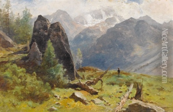 Sonnige Bergpartie Mit Wandersmann Oil Painting - Gustave Eugene Castan