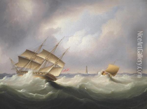 Frigate Off A Lighthouse Oil Painting - James E. Buttersworth