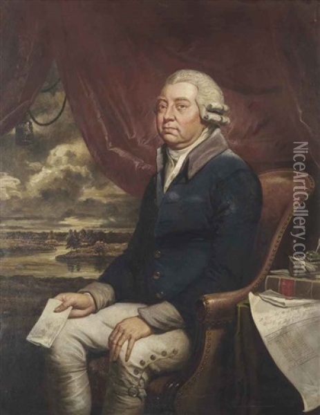 Portrait Of The Right Hon. John Robinson, Surveyor General Of Woods To The King, In A Blue Coat, Holding A Letter In His Right Hand, Sitting In... Oil Painting - George Francis Joseph
