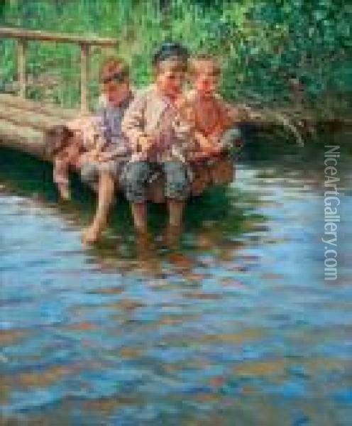 Boys Fishing Oil Painting - Nikolai Petrovich Bogdanov-Belsky