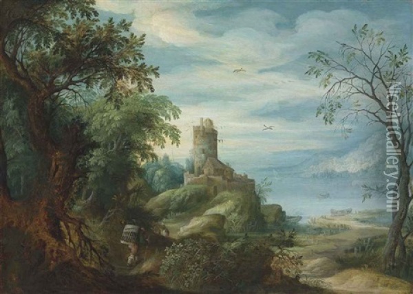 An Extensive Mountainous Landscape With A Turret On A Hill, Faggot Gatherers At The Edge Of A Forest And A Lake In The Distance Oil Painting - Abraham Govaerts