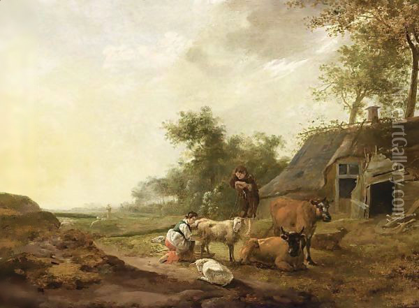 A Landscape With A Maid Milking A Sheep, A Shepherd Watching With Sheep And Cows, A Farm Nearby Oil Painting - Hendrik Mommers