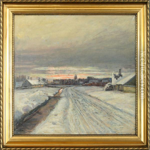 Sunset At A Small Village In The Wintertime Oil Painting - Soren Christiansen