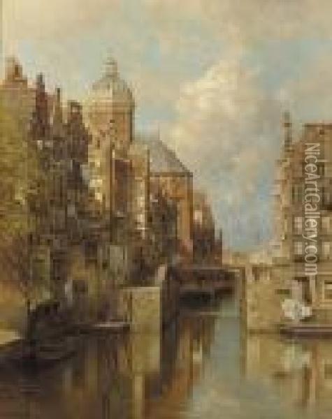 The Oudezijdsvoorburgwal, Amsterdam Oil Painting - Johannes Christiaan Karel Klinkenberg
