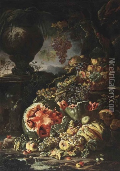 Watermelons, Apples, Grapes And Other Fruit, A Glass Bowl Filled With Apples And A Pomegranate, A Stone Garden Vase, All Set In A Landscape By A Stream Oil Painting - Giovanni Paolo Castelli (lo Spadino)