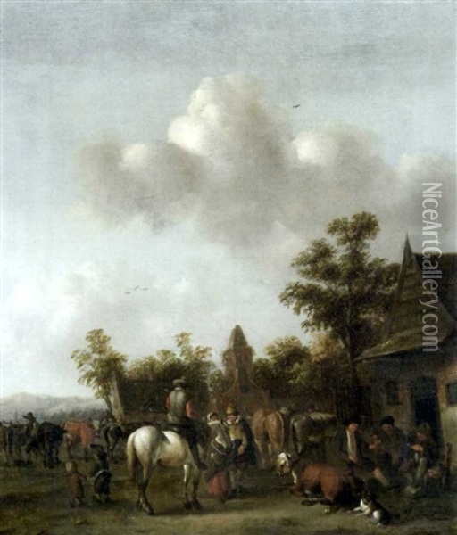 Rastende Landleute Mit Ihrem Vieh Vor Einer Schenke Oil Painting - Barend Gael