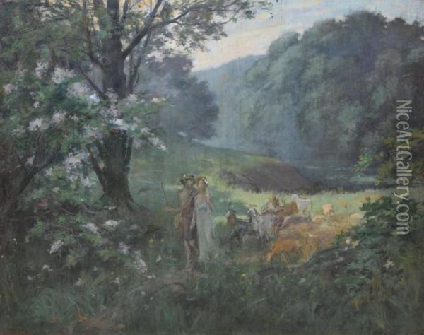 Couple De Bergers Au Vallon Oil Painting - Henry D Estienne