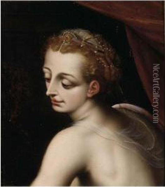 A Head Of A Woman, Wearing Pearl Jewellery In Her Hair Oil Painting - Frans I Vriendt (Frans Floris)