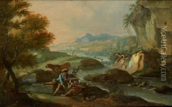 Berger Et Pecheurs Pres De La Riviere Oil Painting - Giuseppe Bernardino Bison