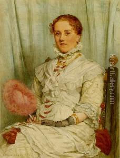 A Half Length Portrait Of A Lady Sitting In A Chair Holding A Pink Fan Oil Painting - Edwin Bale