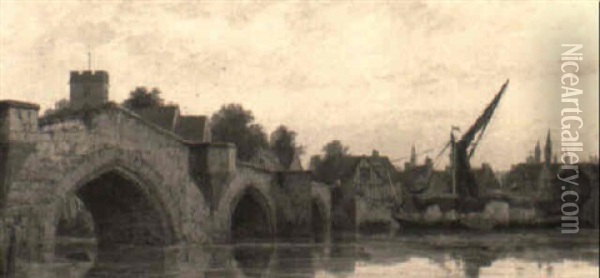 A Stone Bridge Over A River Oil Painting - Richard Henry Nibbs