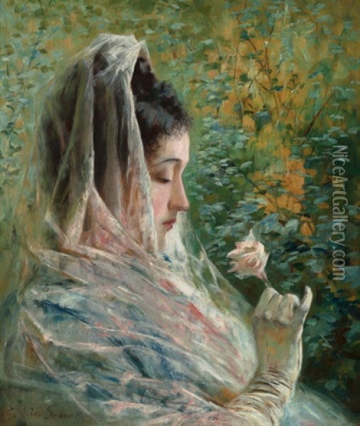 Woman Contemplating A Rose Oil Painting - Stephen Wilson Van Schaick