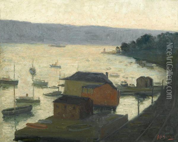 Boats On A River At Dusk Oil Painting - Aaron Harry Gorson