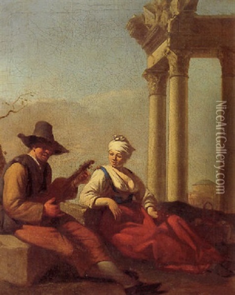A Couple Making Music, Seated In A Landscape With Ruins Oil Painting - Job Adriaensz Berckheyde