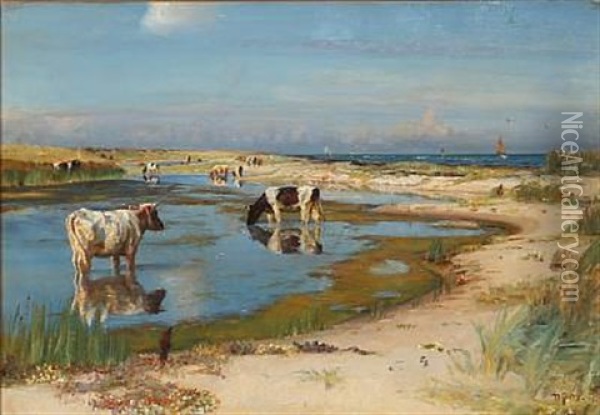 Beach Scene From Rorvig With Grazing Cows, Denmark Oil Painting - Niels Pedersen Mols