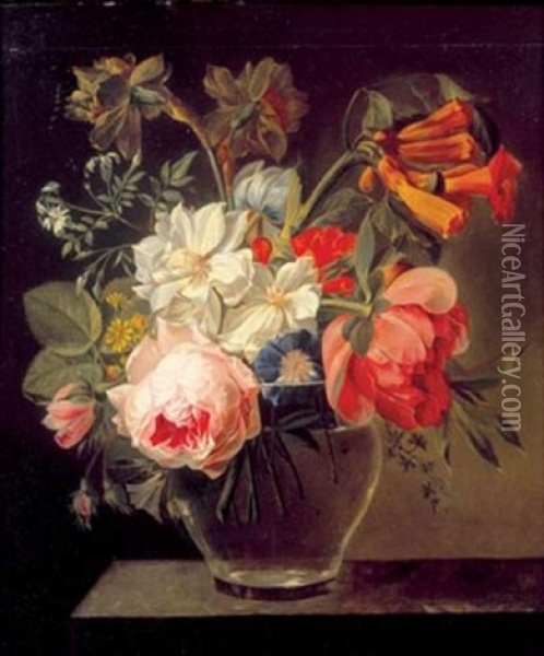 Bouquet De Fleurs Dans Un Vase En Verre Dispose Sur Un Entablement Oil Painting - Joseph-Laurent Malaine