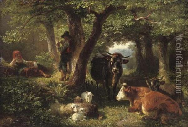 Das Standchen Im Wald: A Woodland Serenade Oil Painting - Friedrich Johann Voltz
