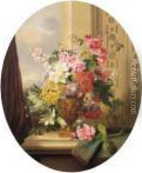 Auricula, Petunia, Pelargonium, Lillies, Passiflora And Campanula Oil Painting - John Wainwright