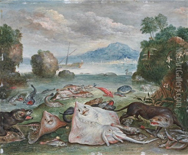 A Still Life Of Fish On A Beach Oil Painting - Jan van Kessel the Elder