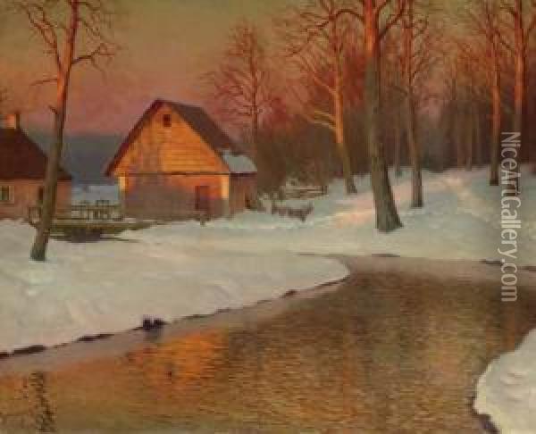 Winter Landscape With Cottage Oil Painting - Mikhail Markianovich Germanshev