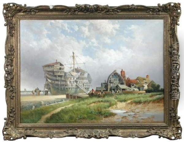 A Beached Hulk, Used As Cottages, At Sheringham, Norfolk Oil Painting - Henry Valter