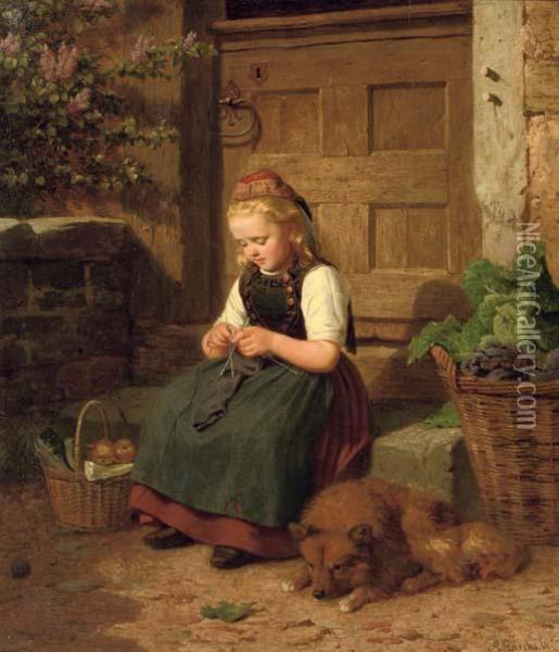 A Young Girl Knitting Oil Painting - Auguste Dircks