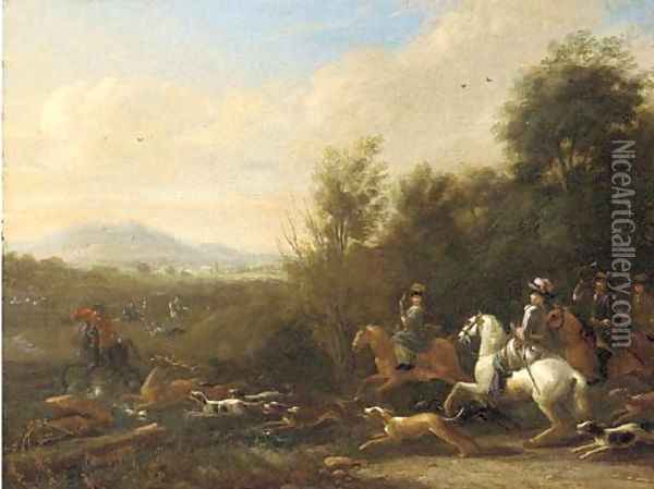 A wooded landscape with a stag hunt Oil Painting - Vincent Laurentsz. van der Vinne I