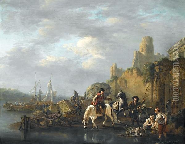Washerwomen And Horsemen On The Banks Of A River Before A Ruined Arch Oil Painting - Jacob Van Stry
