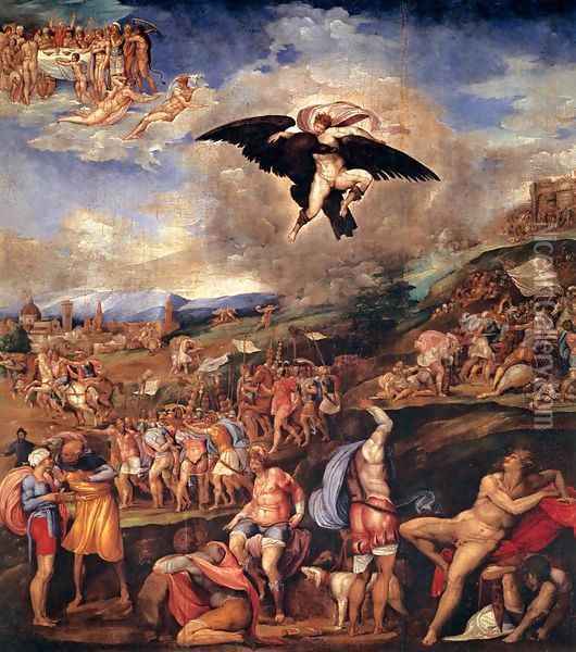 The Battle of Montemurlo and the Rape of Ganymede Oil Painting - Battista Franco