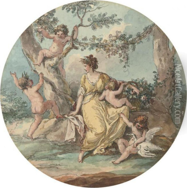 A Lady In A Yellow Dress Surrounded By Disporting Cherubs In A Landscape Oil Painting - Angelica Kauffmann
