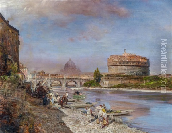 Am Ufer Des Tiber In Rom. Blick Auf Die Engelsburg Und Die Kuppel Des Vatikans Oil Painting - Oswald Achenbach