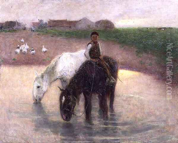 The Horse Pond, c.1890 Oil Painting - Edward Stott