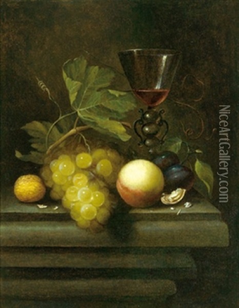 Stillleben Mit Weintrauben, Einem Pfirsich, Nussen Und Einem Gefullten, Venezianischen Weinglas Oil Painting - Johannes Borman