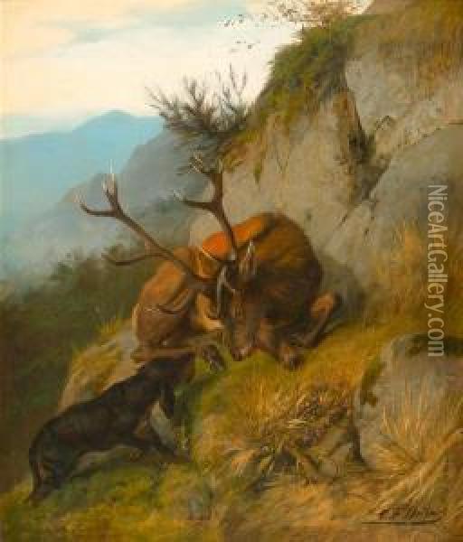 Hirsch Mit Hund Im Gebirge. Oil Painting - Carl Friedrich Deiker