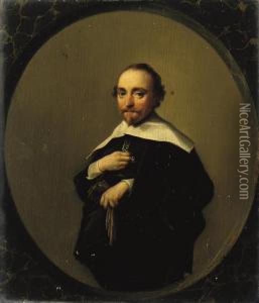 Portrait Of A Gentleman, 
Three-quarter-length, In A Black Costumewith A White Collar, Holding His
 Gloves, In A Painted Oval Oil Painting - Hendrick Gerritsz. Pot