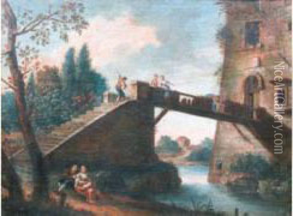  Jeunes Femmes Et Bergers Sur Un Pont De Bois Enjambant Une Riviere  Oil Painting - Charles Camarroque