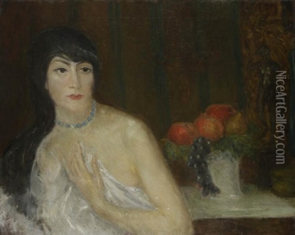 Femme En Buste Au Bouquet Oil Painting - Georges Alfred Bottini