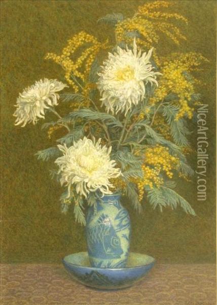 Still Life With White Chrysanthemums And Mimosa Oil Painting - Edith Martineau
