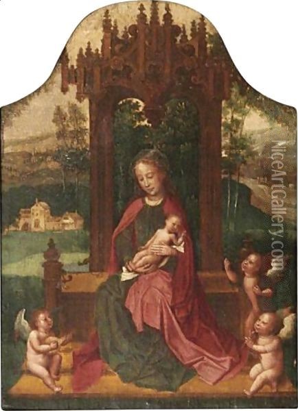 Virgin And Child Enthroned Oil Painting - Adriaen Isenbrant