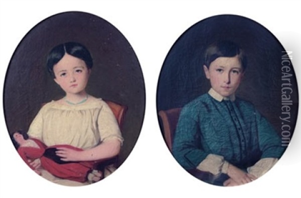 Portrait De Petite Fille A La Poupee (+ Portrait De Petit Garcon A La Veste Bleue; Pair) Oil Painting - Jules de Vignon