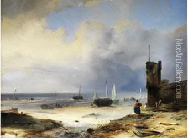Niederlandischer Strand Mit Fischerbooten Und Einer Leuchtturmmauer Oil Painting - Jacobus Jacobs