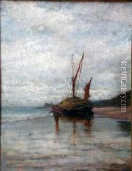 Low Tide With Shrimper Oil Painting - Peter Macnab