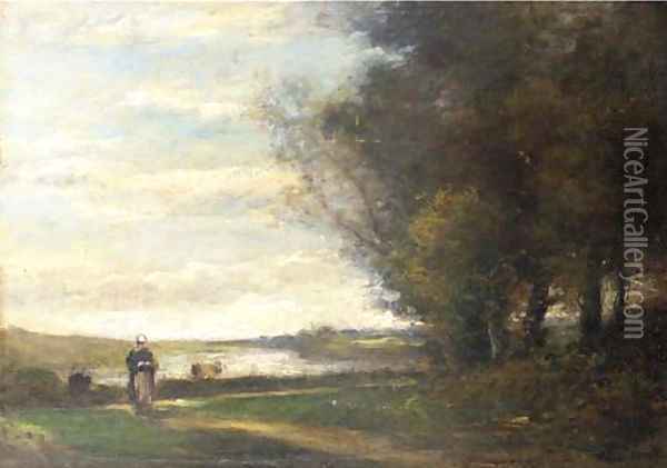 A woman on a track in a river landscape Oil Painting - Julien Dupre