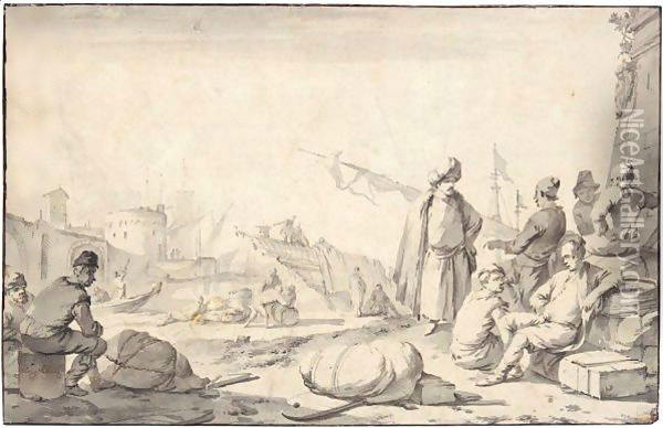 Orientals And Seamen On A Mediterranean Quay Oil Painting - Johannes Lingelbach