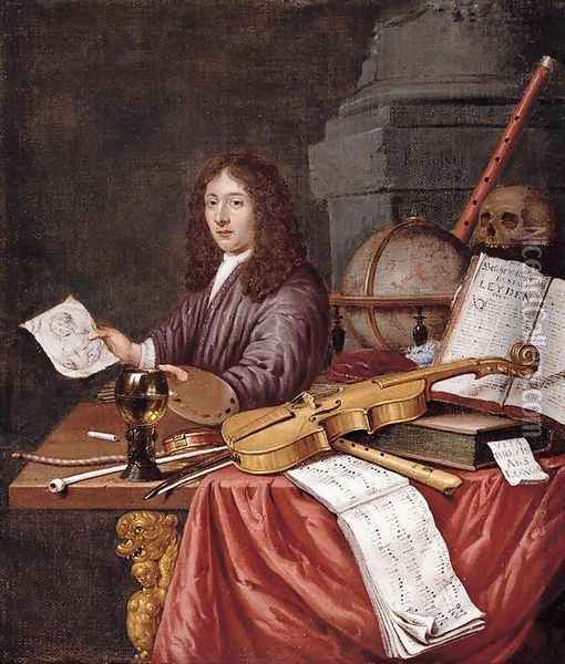 Self-Portrait with a Vanitas Still- Life 1684 Oil Painting - Edwart Collier