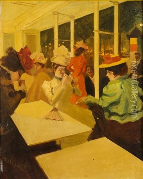 Les Elegantes Au Cafe Oil Painting - Antoine Guillaume (Tony) Minartz